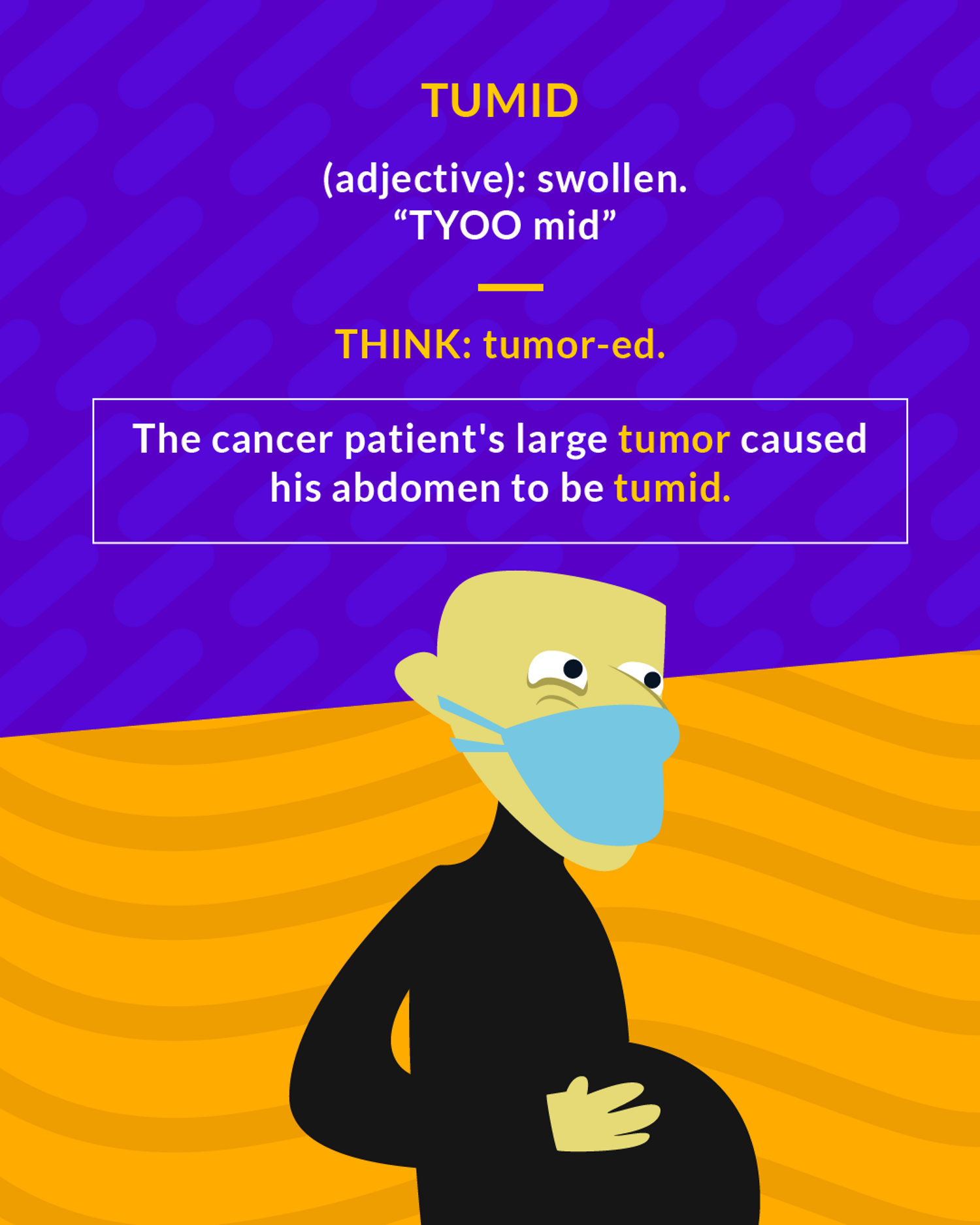 Tumid cartoon: a masked man holding his swollen belly
