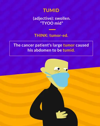 Tumid cartoon: a masked man holding his swollen belly