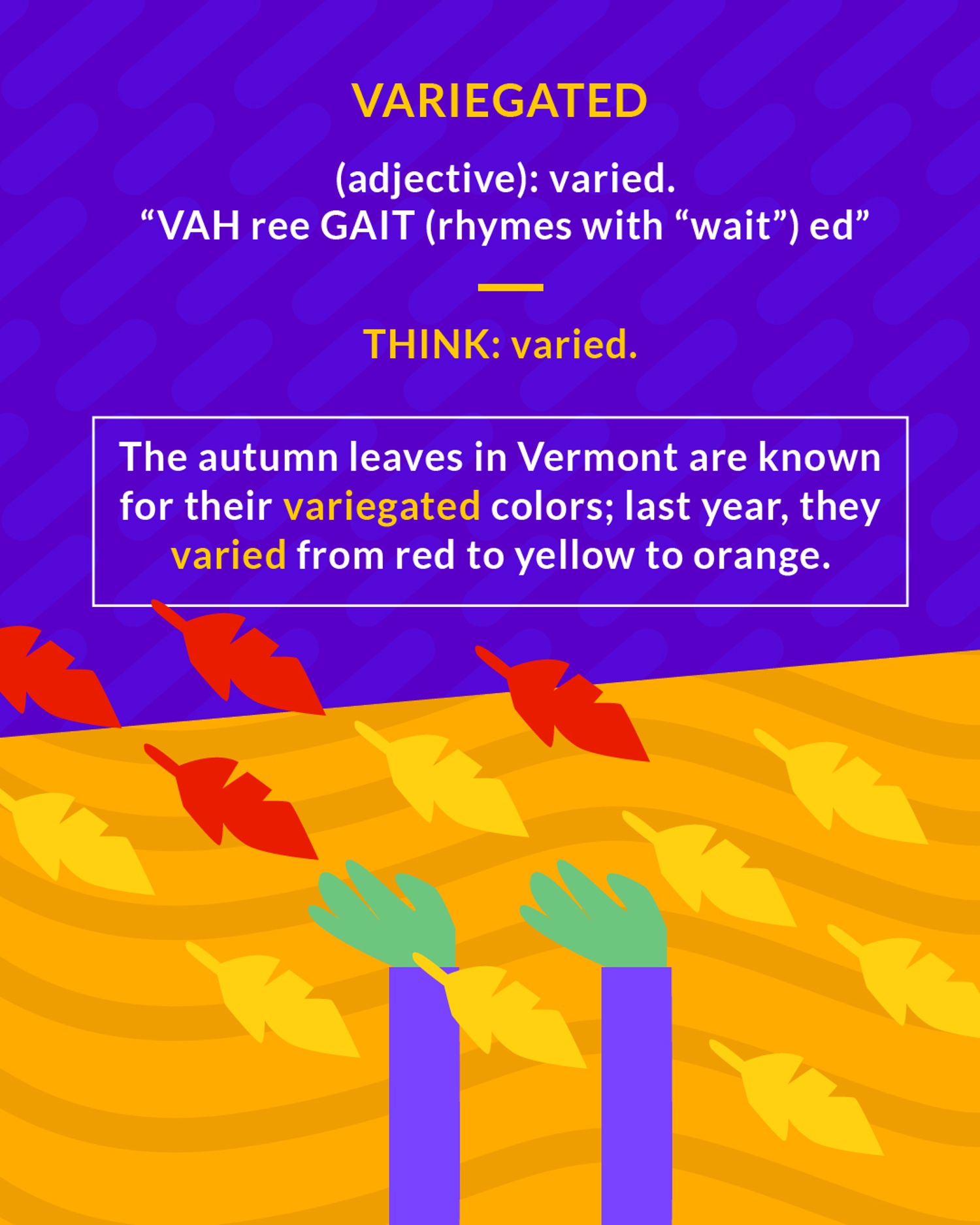 Variegated cartoon: hands raking multicolored autumn leaves