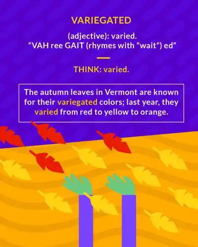 Variegated cartoon: hands raking multicolored autumn leaves