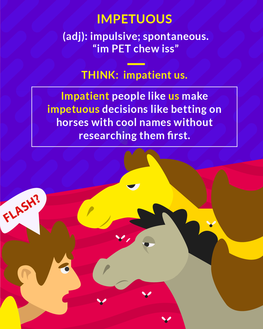 Impetuous cartoon: a man excitedly shouting near two skeptical horses