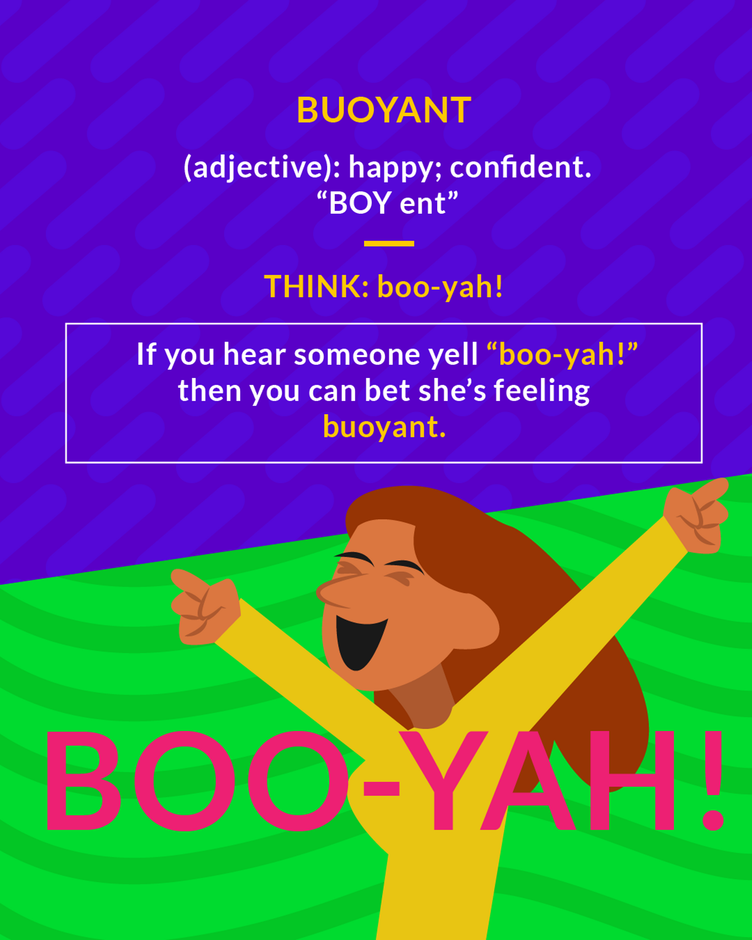 Buoyant cartoon: a woman cheering with both arms raised, shouting boo-yah