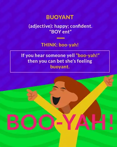 Buoyant cartoon: a woman cheering with both arms raised, shouting boo-yah
