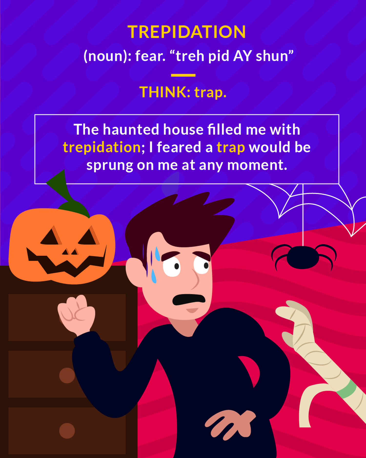 Trepidation cartoon: a frightened man in a dark room with a jack-o-lantern and a spider