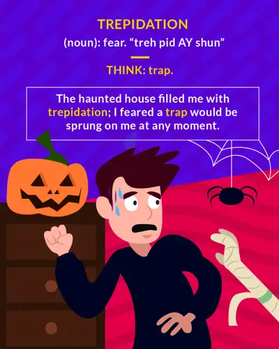 Trepidation cartoon: a frightened man in a dark room with a jack-o-lantern and a spider