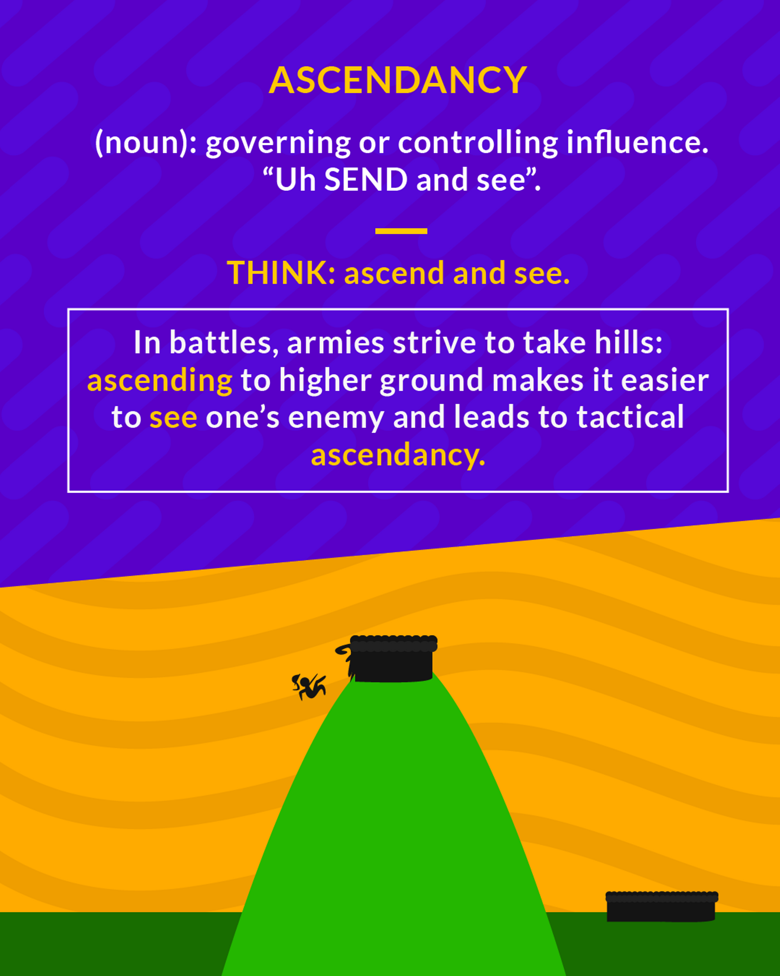 Ascendancy cartoon: a tall green hill with a small black object on top