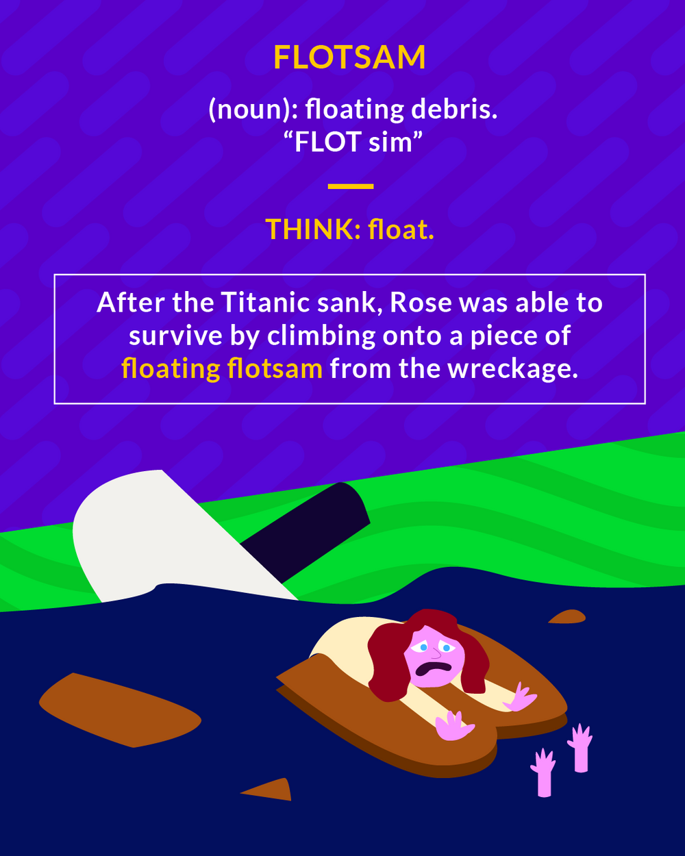 Flotsam cartoon: a woman clinging to a piece of floating wreckage beside a sinking ship
