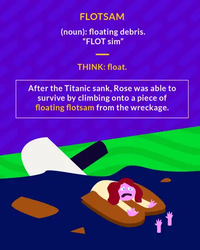 Flotsam cartoon: a woman clinging to a piece of floating wreckage beside a sinking ship