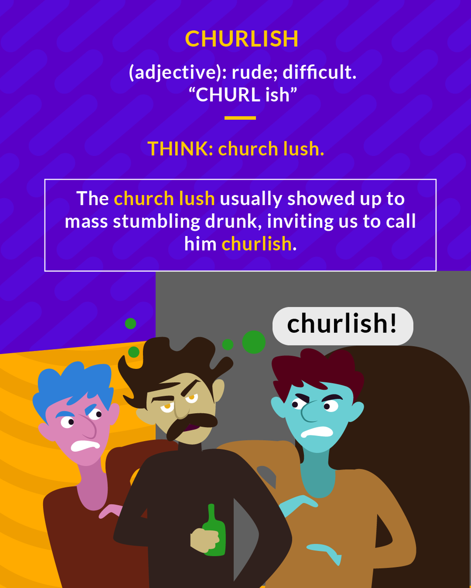 Churlish cartoon: three tipsy men in a bar with a speech bubble saying churlish