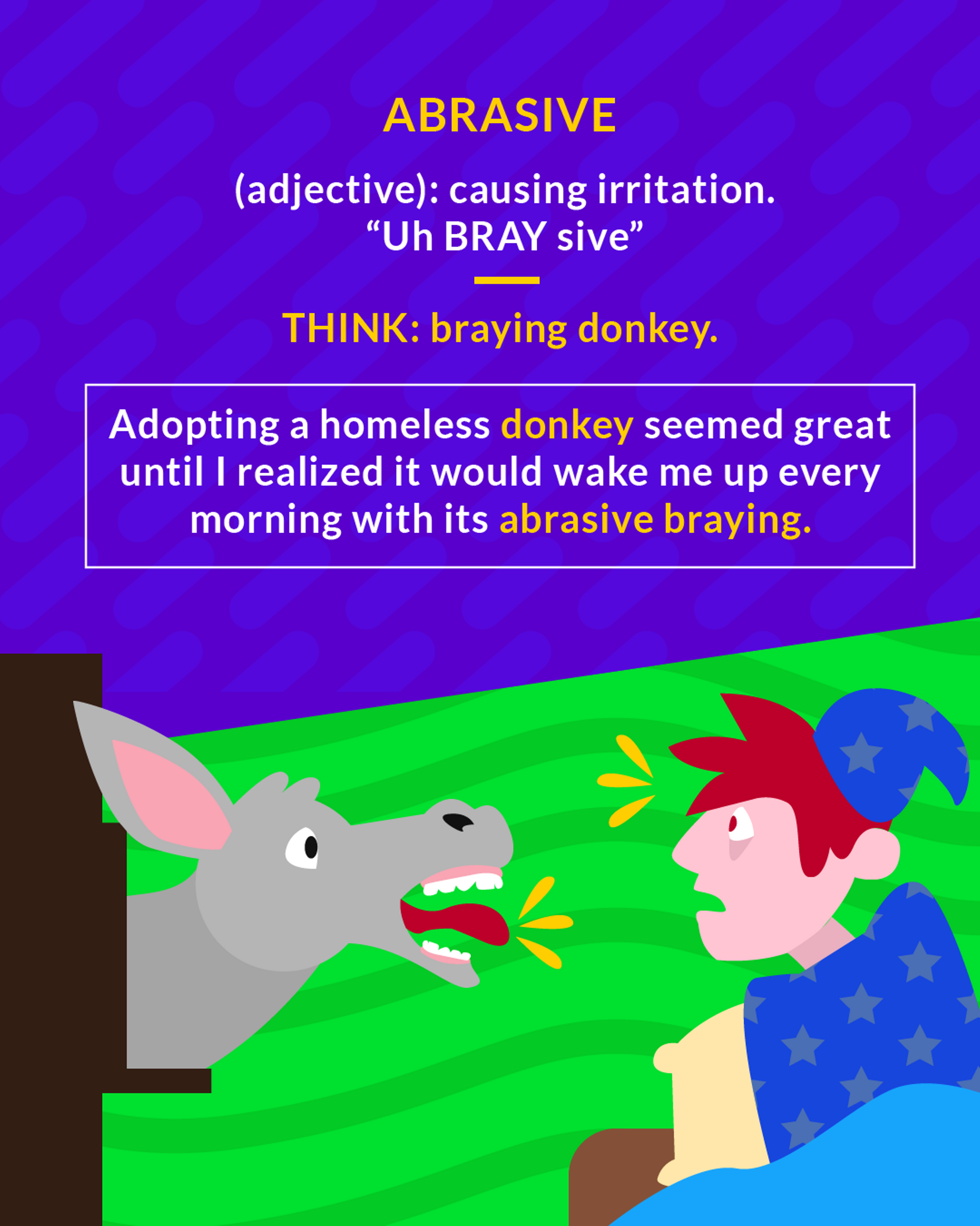 Abrasive cartoon: a donkey braying at a man trying to sleep