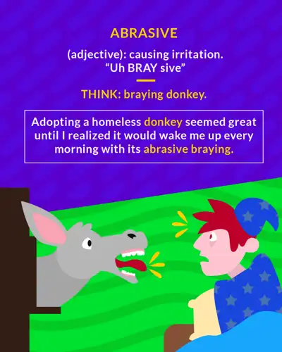 Abrasive cartoon: a donkey braying at a man trying to sleep