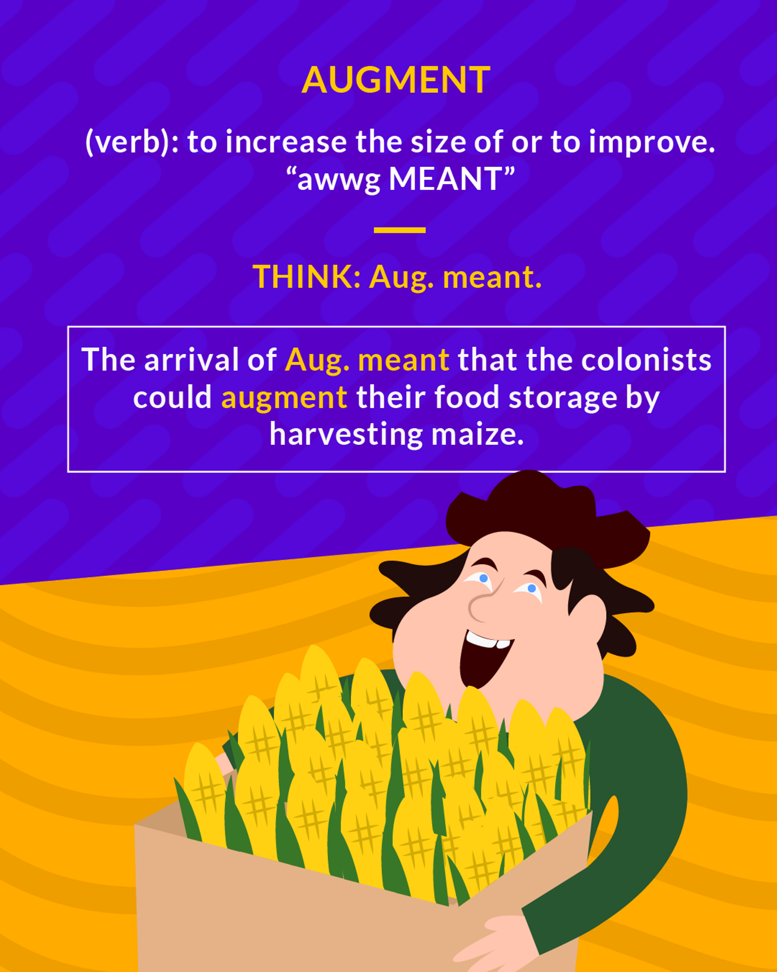 Augment cartoon: a colonist laughing as he carries a box of corn