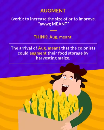 Augment cartoon: a colonist laughing as he carries a box of corn