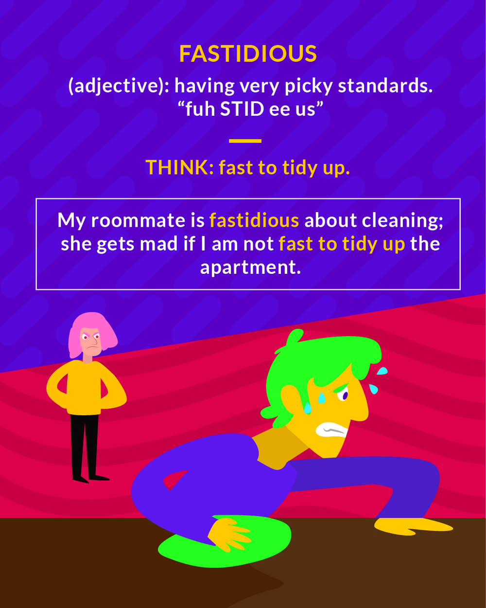 Fastidious cartoon: a man anxiously scrubbing the floor while a woman watches