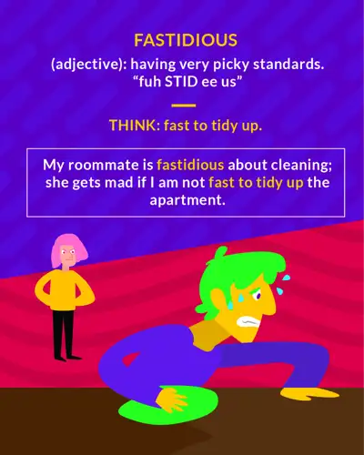 Fastidious cartoon: a man anxiously scrubbing the floor while a woman watches
