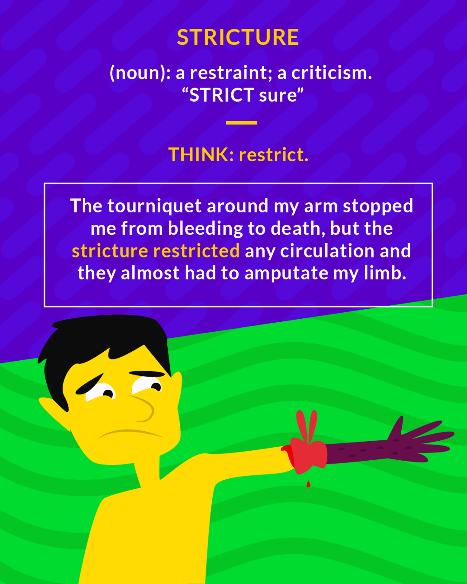 Stricture cartoon: a man with a tourniquet tied tightly around his arm