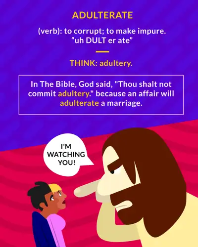 Adulterate cartoon: a stern bearded figure pointing and saying I'M WATCHING YOU at a startled couple