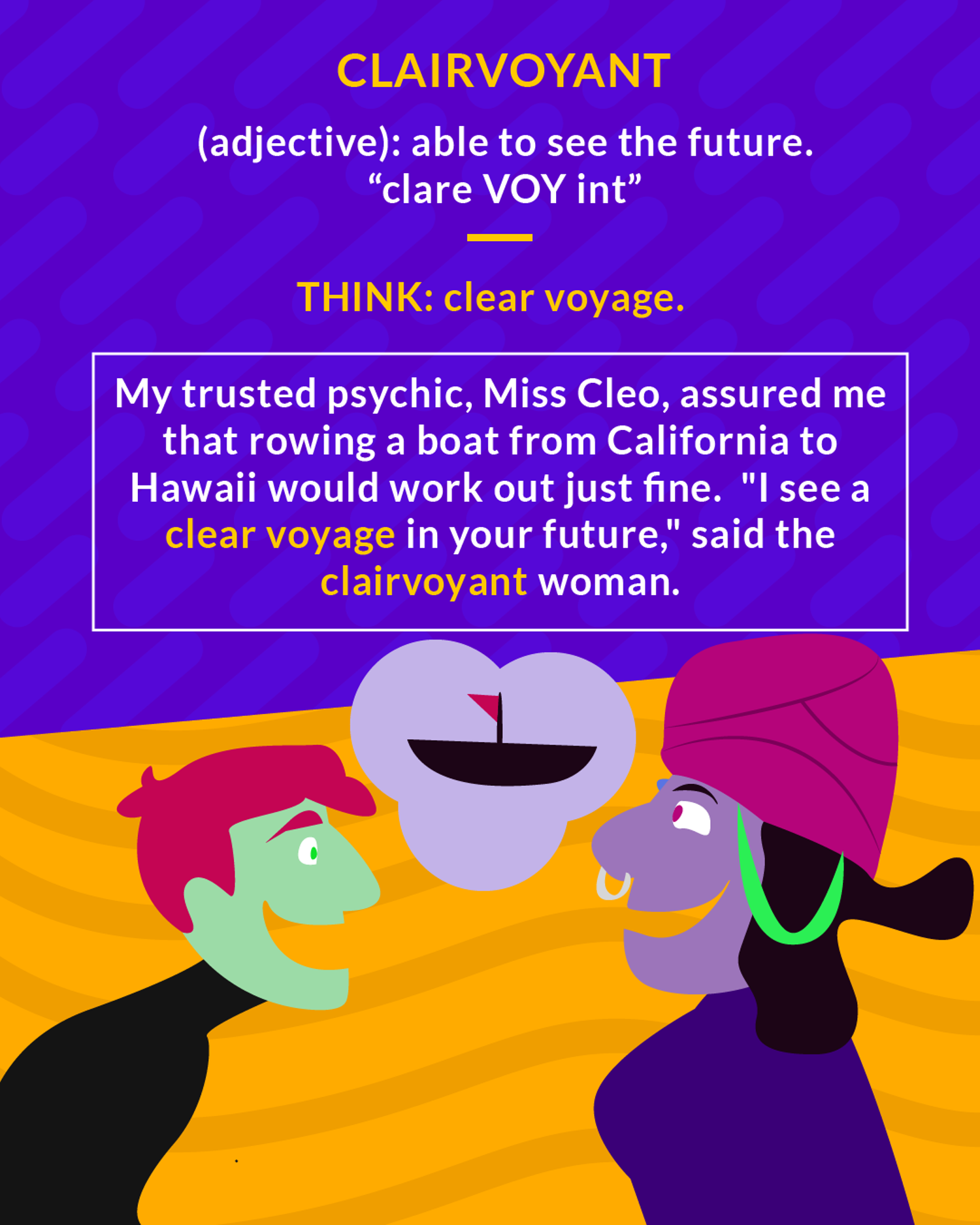 Clairvoyant cartoon: a fortune teller in a purple turban with a crystal ball facing a woman