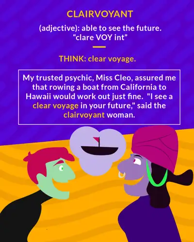 Clairvoyant cartoon: a fortune teller in a purple turban with a crystal ball facing a woman