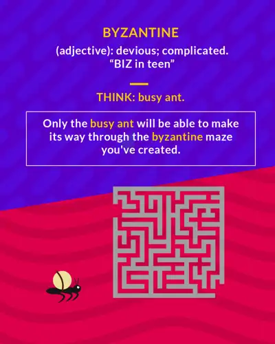 Byzantine cartoon: a small ant beside a large maze