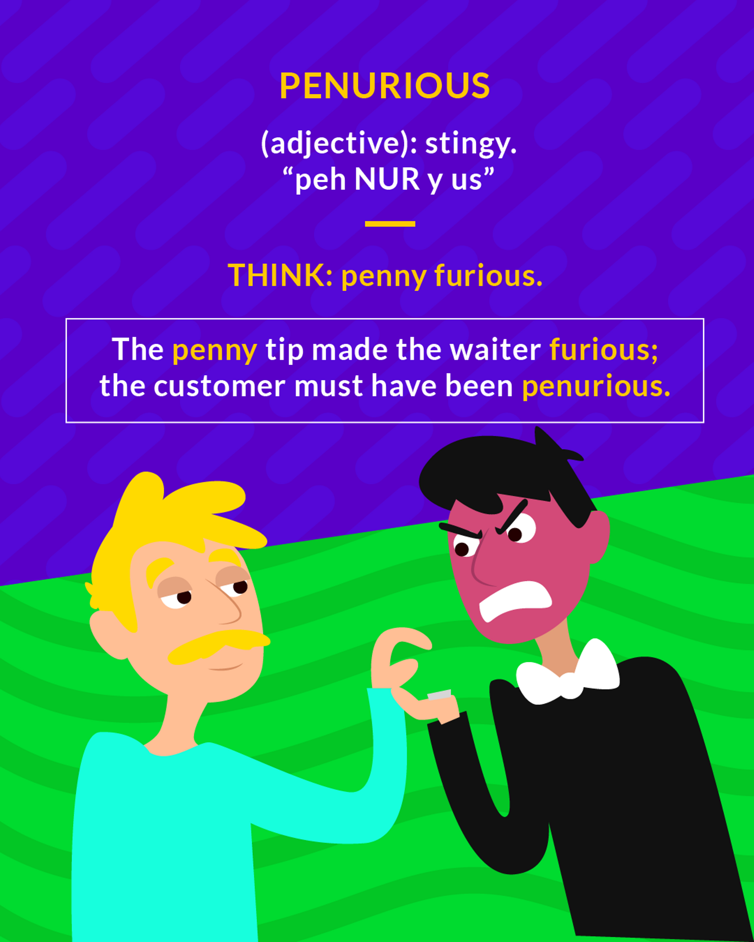 Penurious cartoon: a waiter fuming at a single coin dropped in his hand by a customer