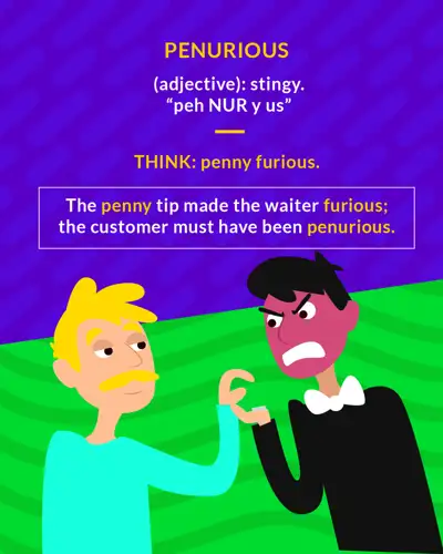 Penurious cartoon: a waiter fuming at a single coin dropped in his hand by a customer