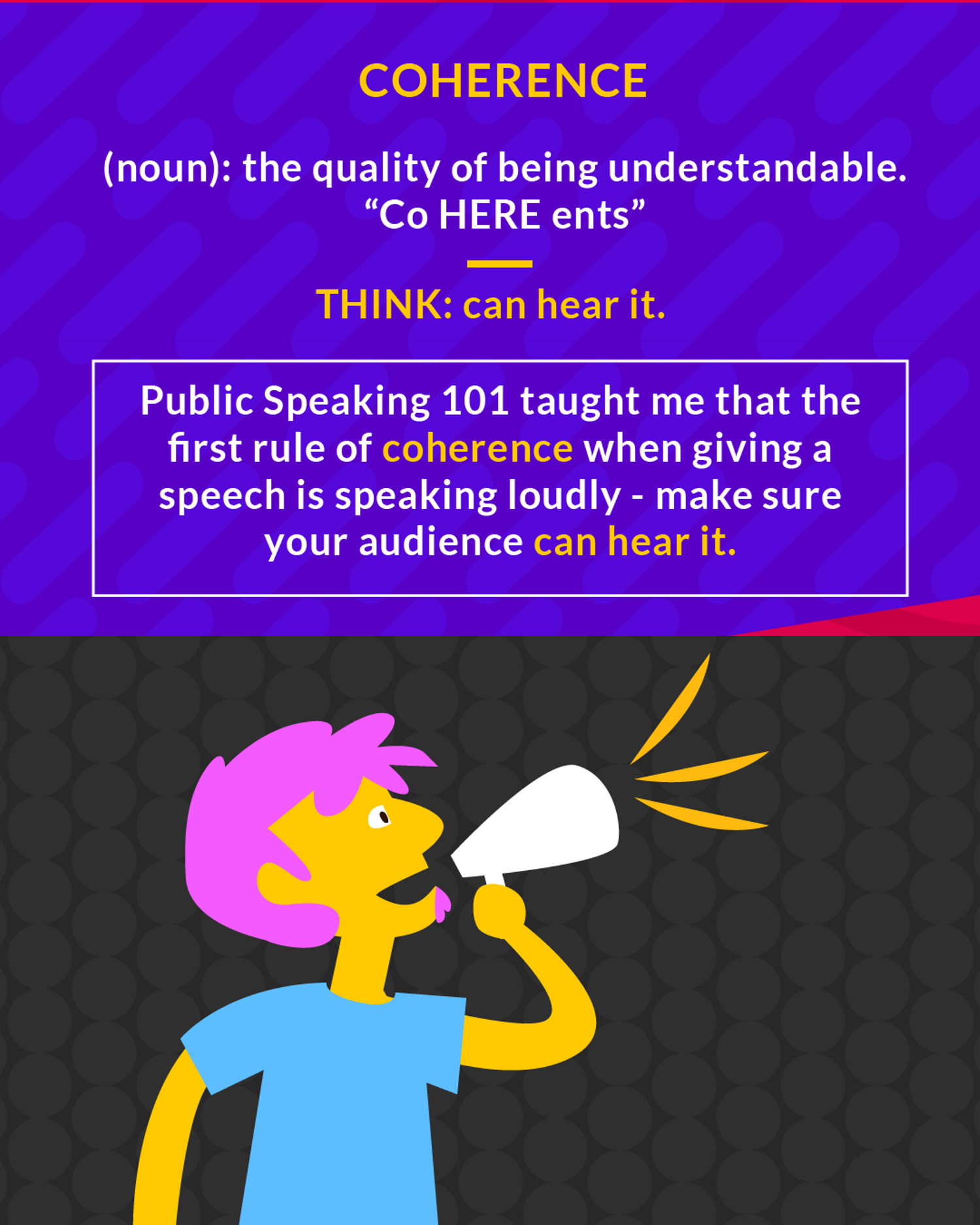 Coherence cartoon: a man with pink hair shouting into a megaphone