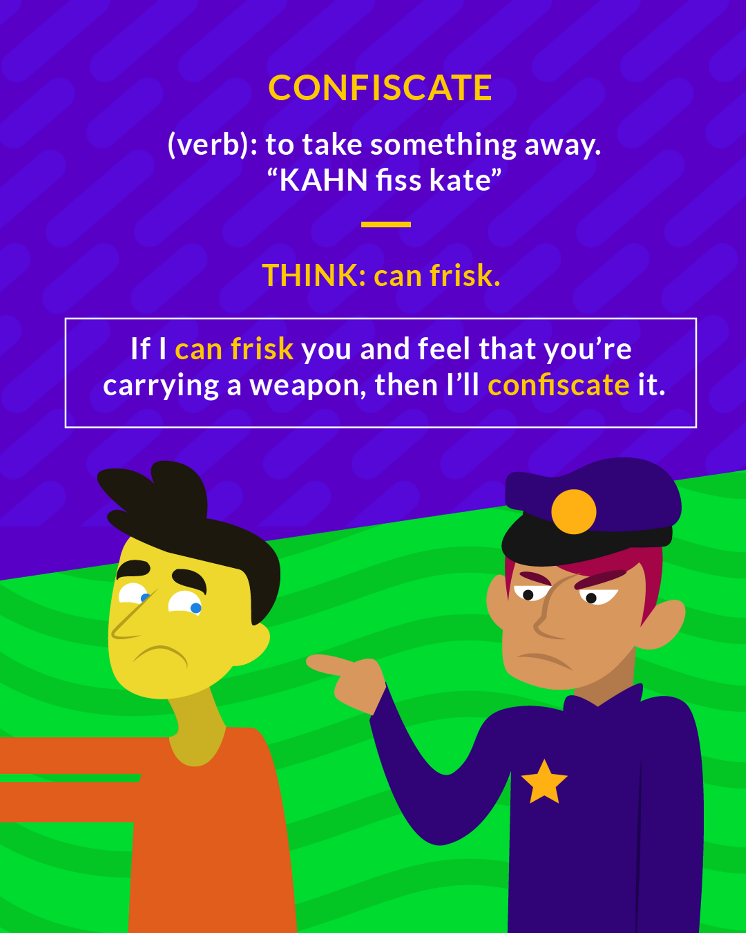 Confiscate cartoon: a police officer with a badge facing an annoyed man in an orange shirt