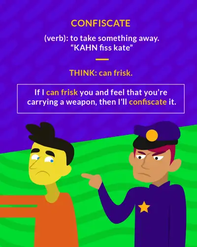 Confiscate cartoon: a police officer with a badge facing an annoyed man in an orange shirt