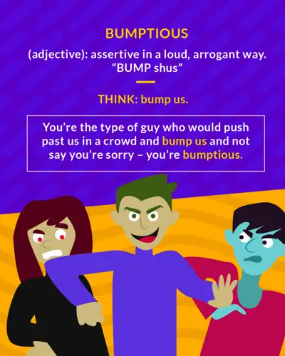 Bumptious cartoon: a smirking man in purple shoving past two people in a crowd