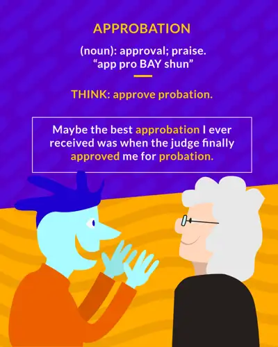 Approbation cartoon: a blue haired man talking to a gray haired judge in glasses