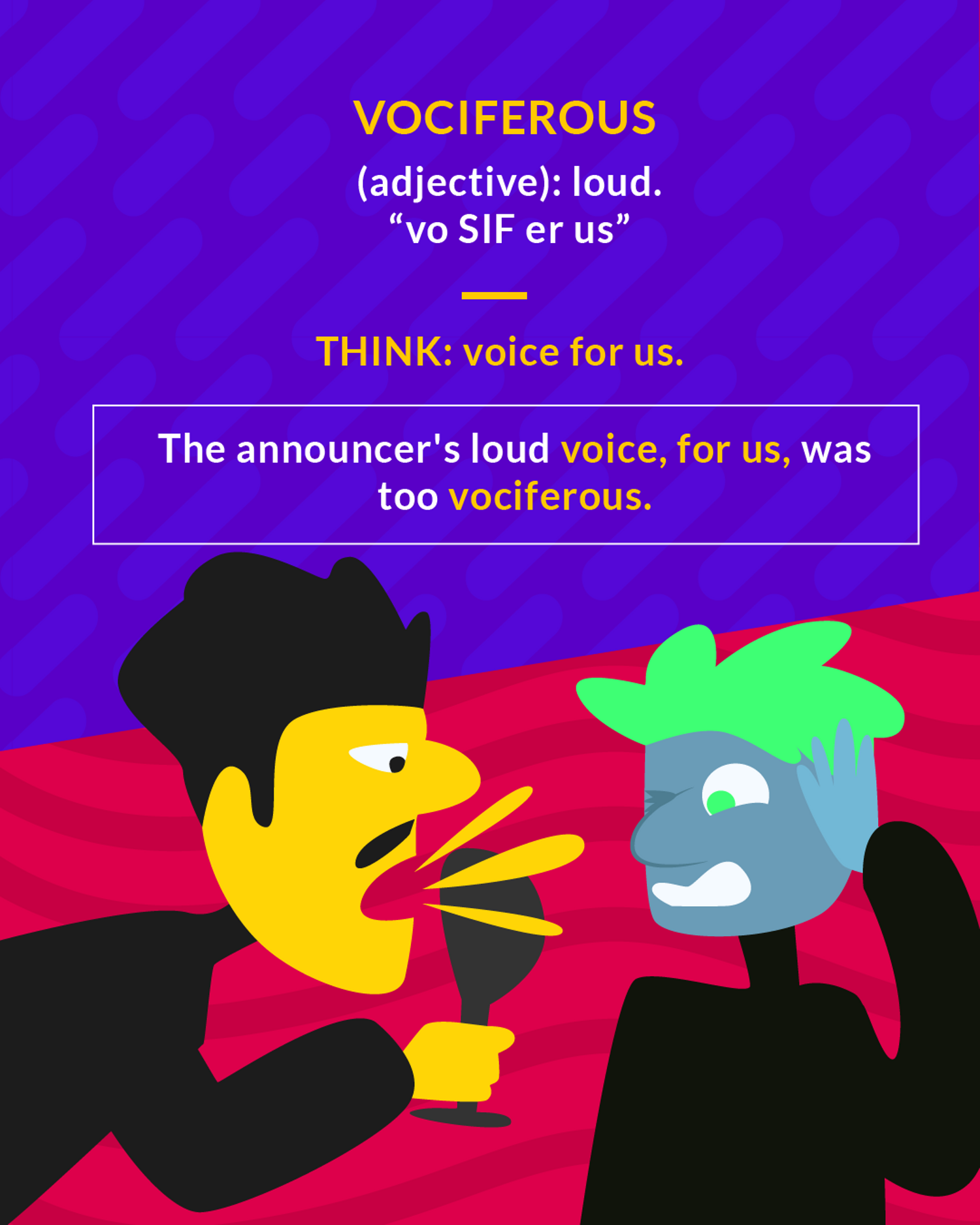 Vociferous cartoon: a man shouting loudly at another person