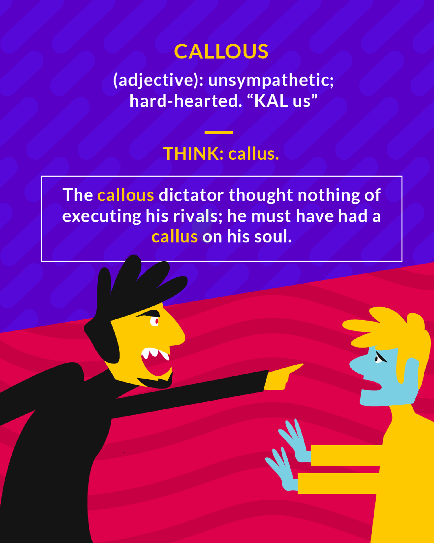 Callous cartoon: a dictator in black pointing at a frightened yellow figure