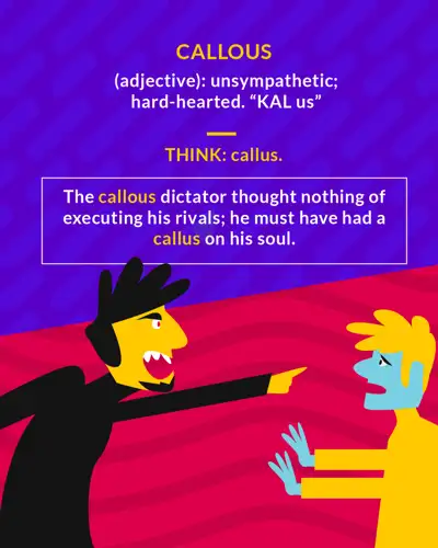 Callous cartoon: a dictator in black pointing at a frightened yellow figure