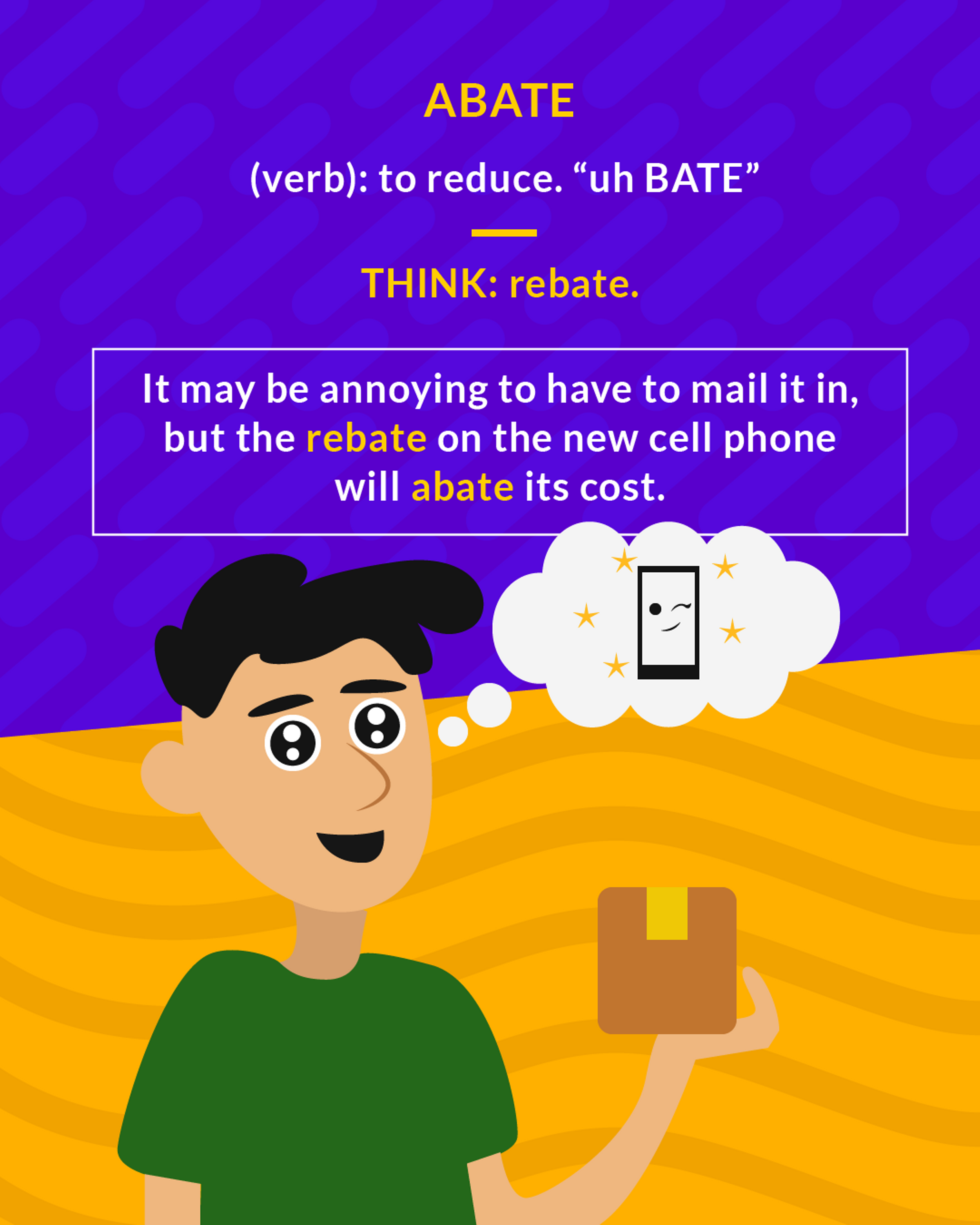 Abate cartoon: a man holding a package next to a thought bubble of a smiling phone
