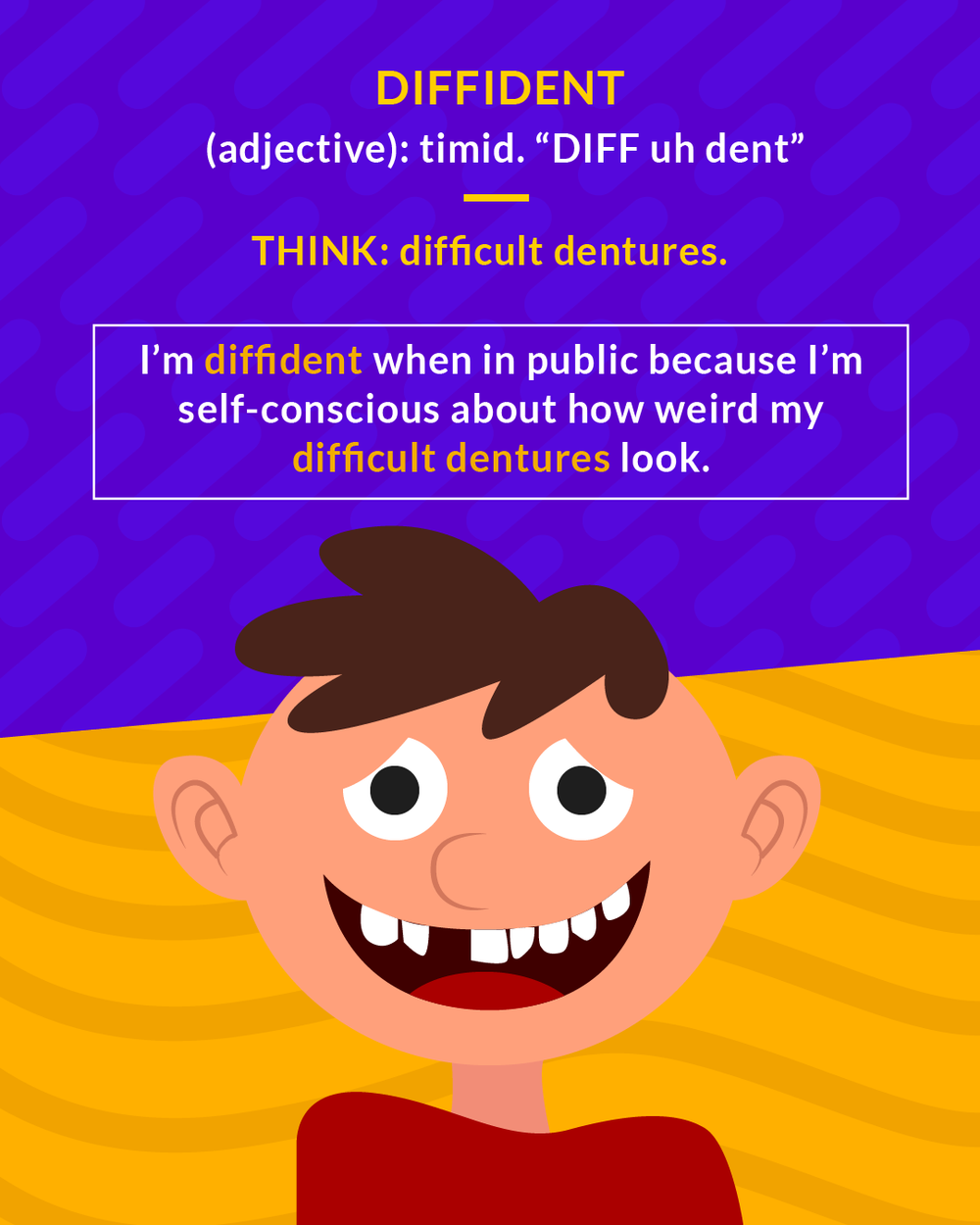 Diffident cartoon: a shy smiling boy missing a tooth