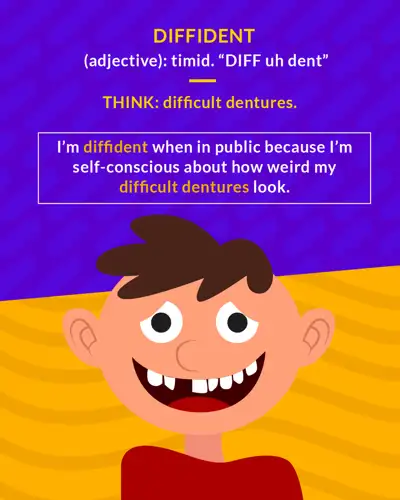Diffident cartoon: a shy smiling boy missing a tooth