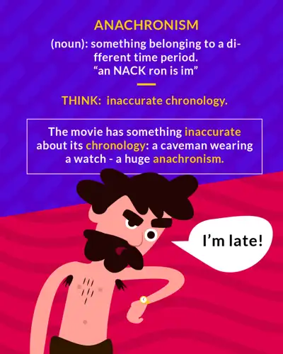 Anachronism cartoon: a shirtless caveman checking a wristwatch and saying I'm late