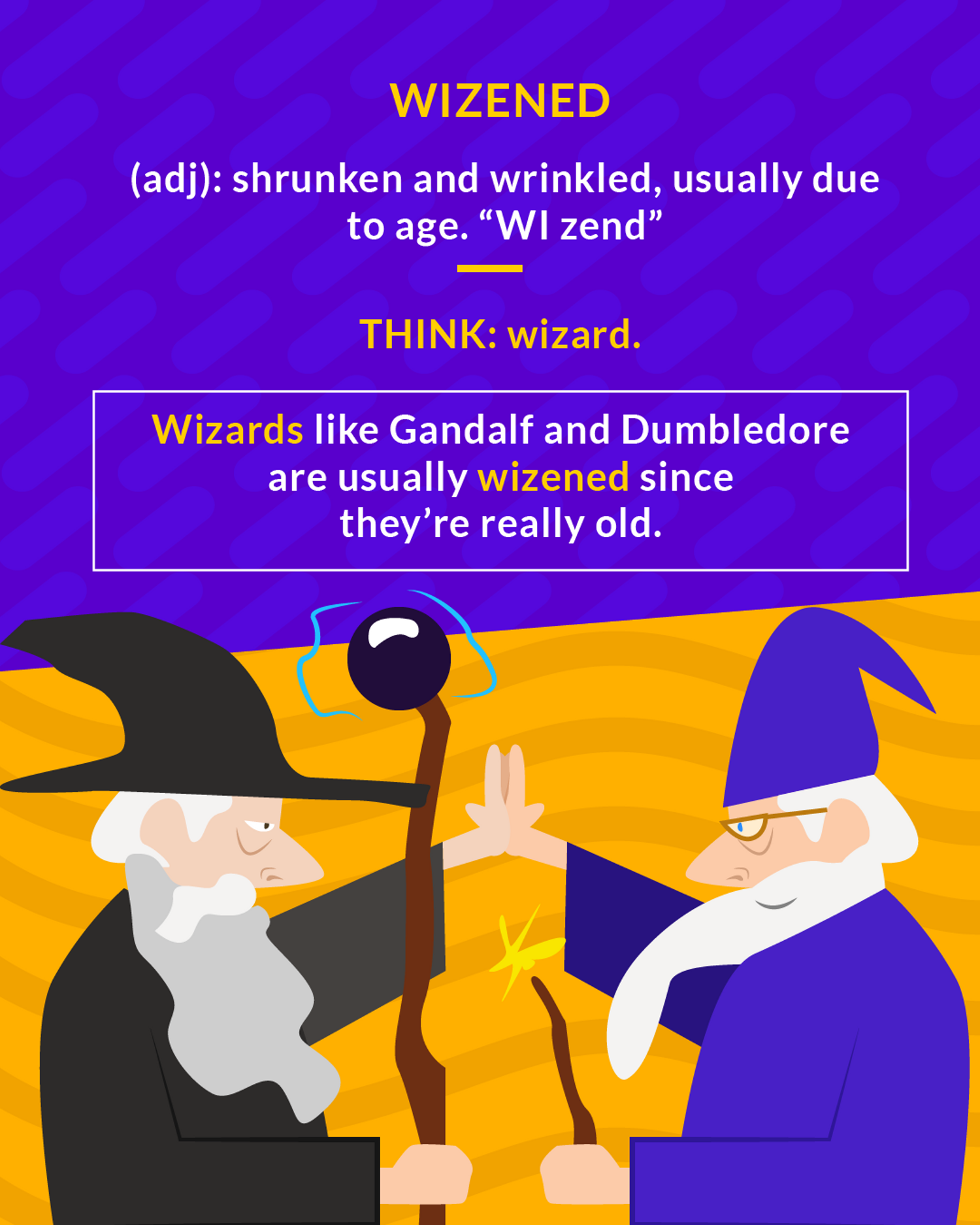 Wizened cartoon: two old wizards facing off with staffs