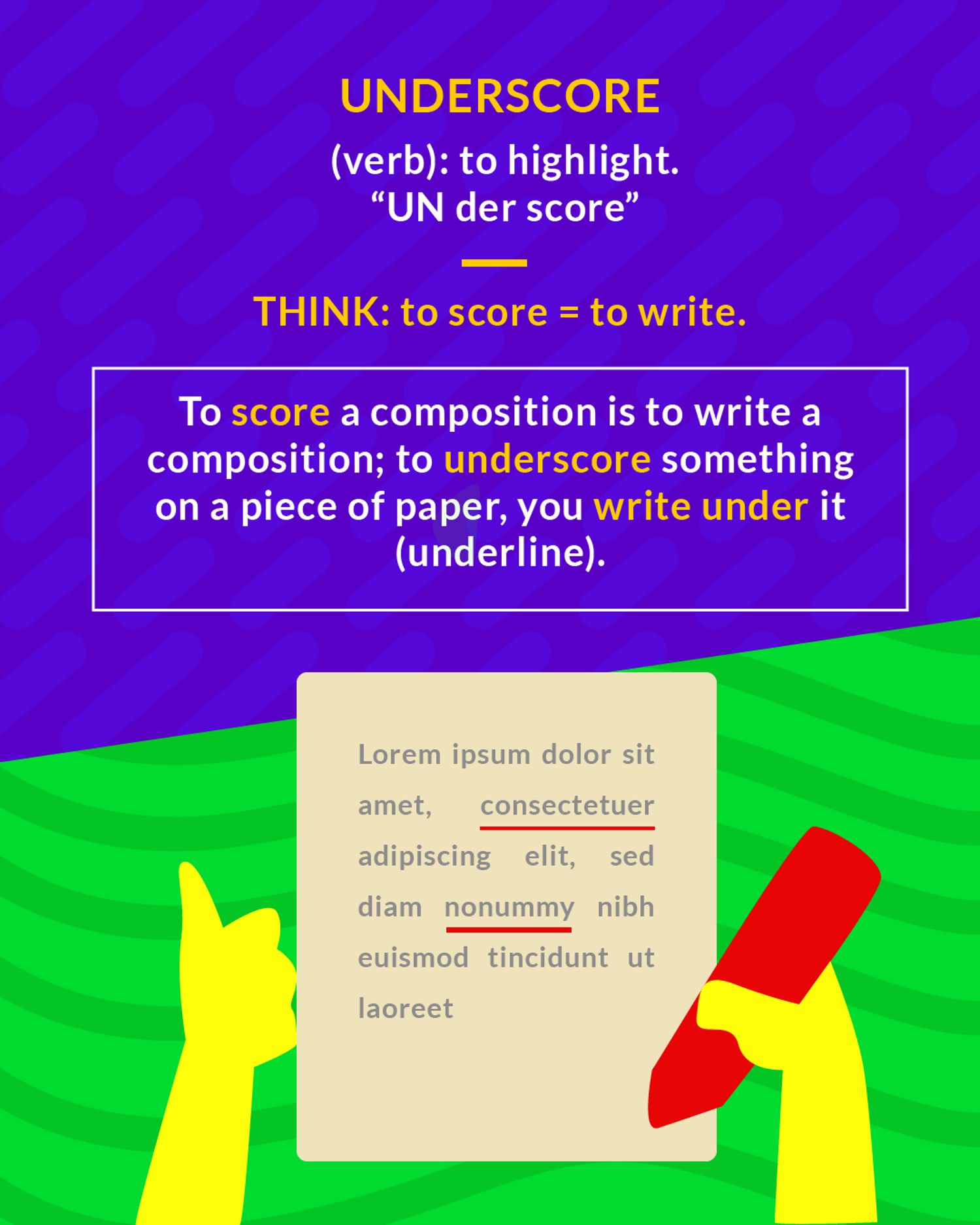 Underscore cartoon: a hand with a red pen underlining words on a sheet of paper