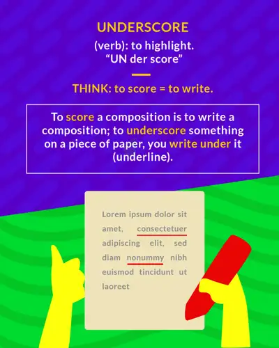 Underscore cartoon: a hand with a red pen underlining words on a sheet of paper