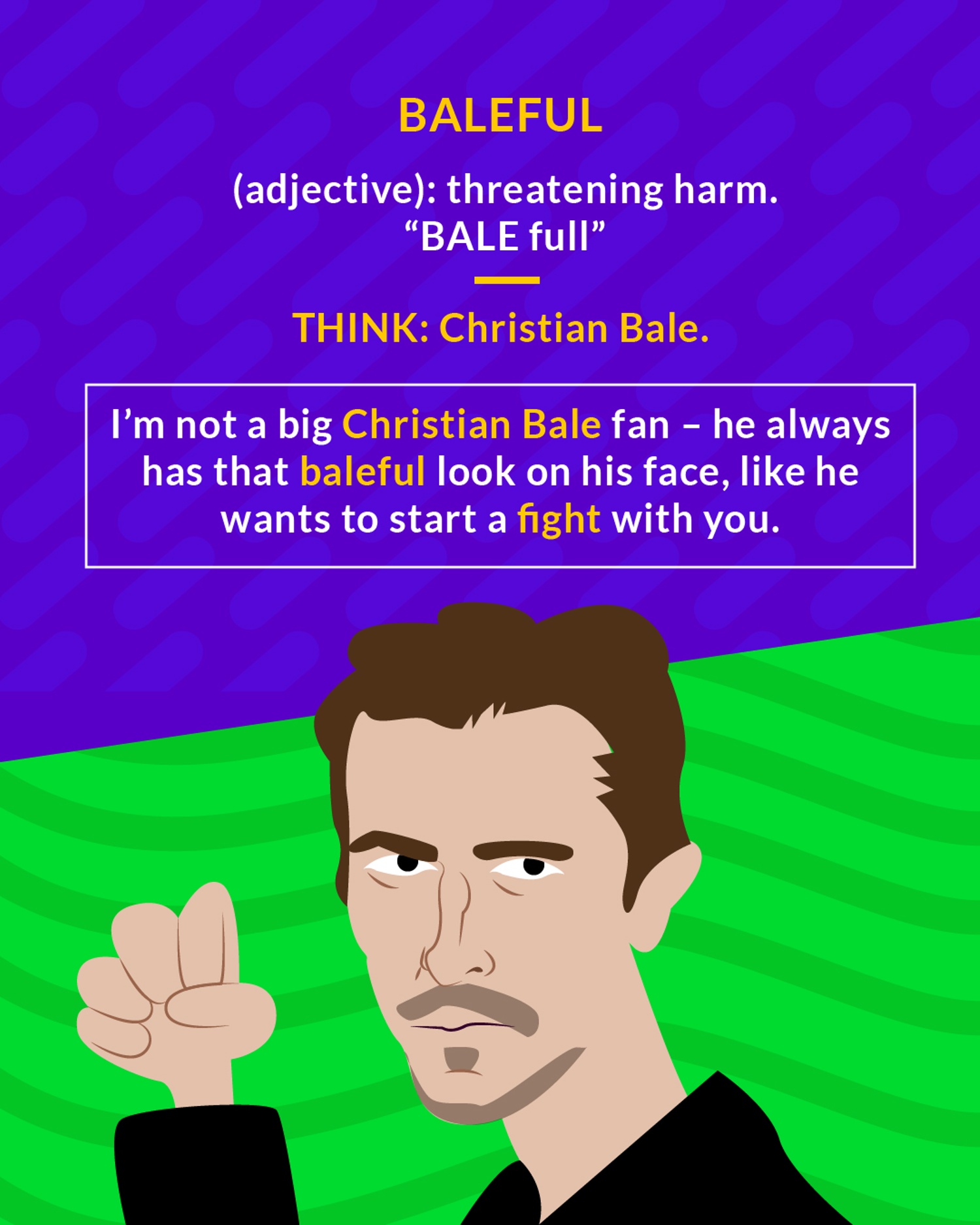 Baleful cartoon: a man with a menacing glare making a threatening gesture