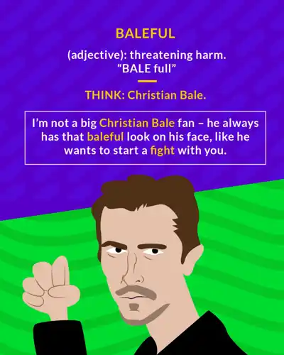 Baleful cartoon: a man with a menacing glare making a threatening gesture