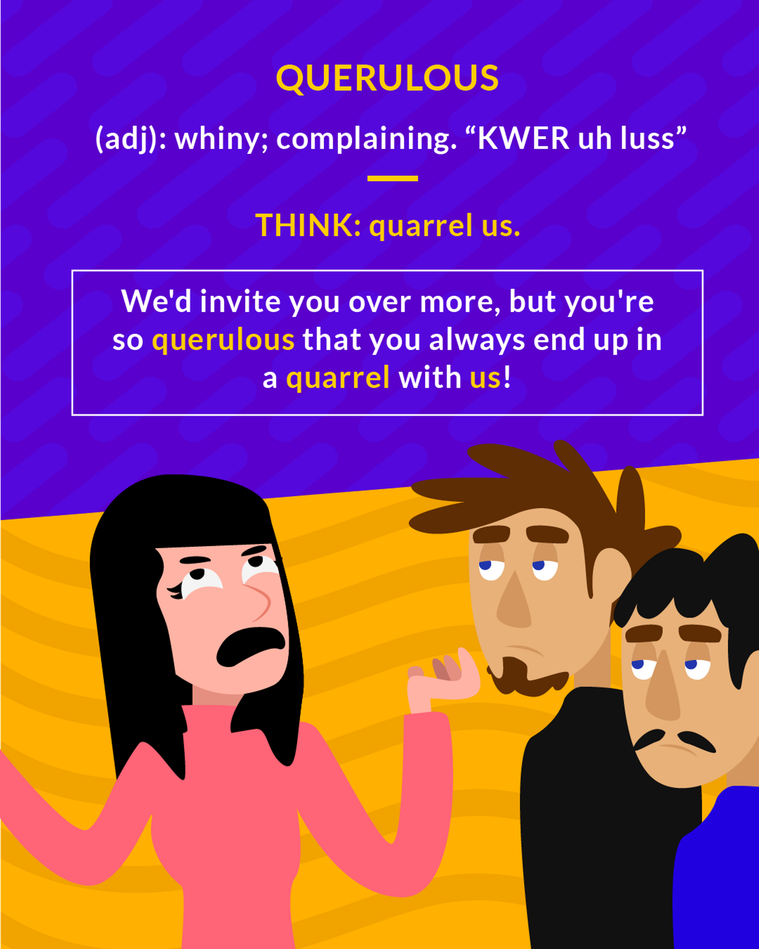 Querulous cartoon: a woman in a pink top complaining to two unimpressed men