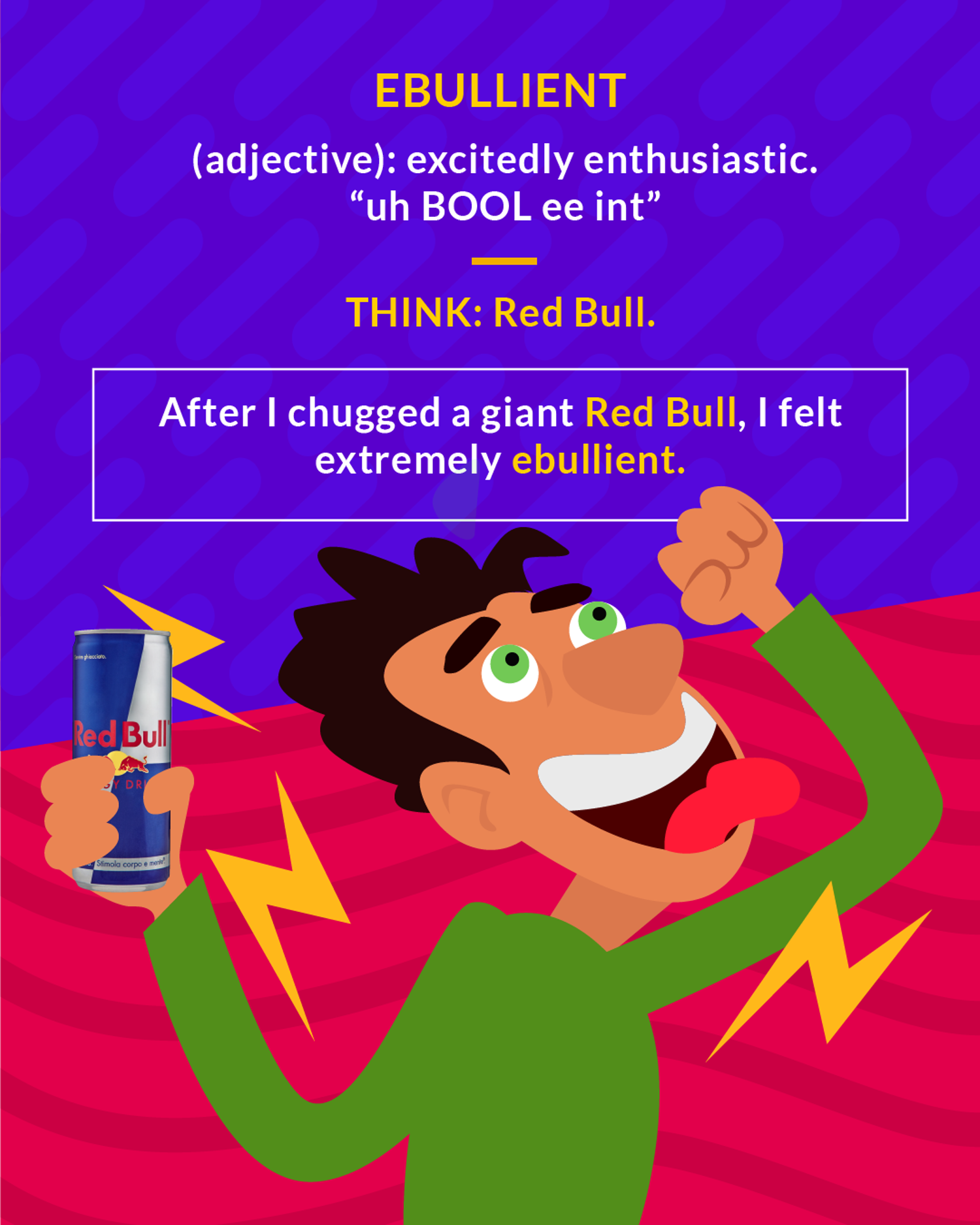 Ebullient cartoon: an excited man pumping his fist while holding an energy drink