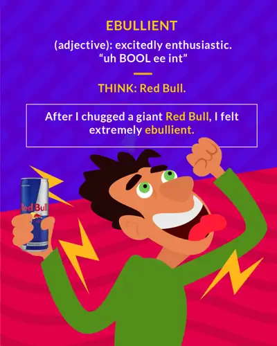 Ebullient cartoon: an excited man pumping his fist while holding an energy drink