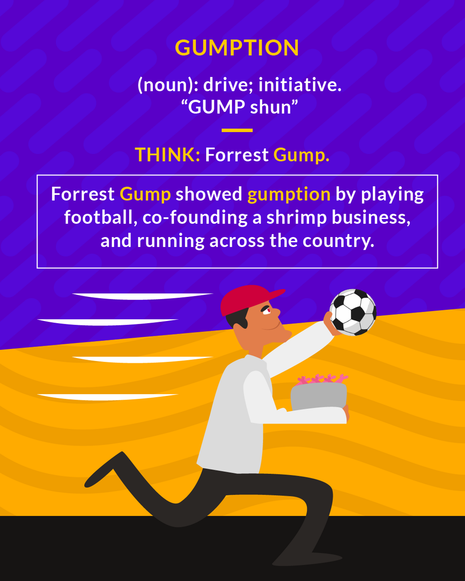 Gumption cartoon: a man running with a football and a box of shrimp