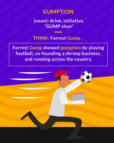 Gumption cartoon: a man running with a football and a box of shrimp