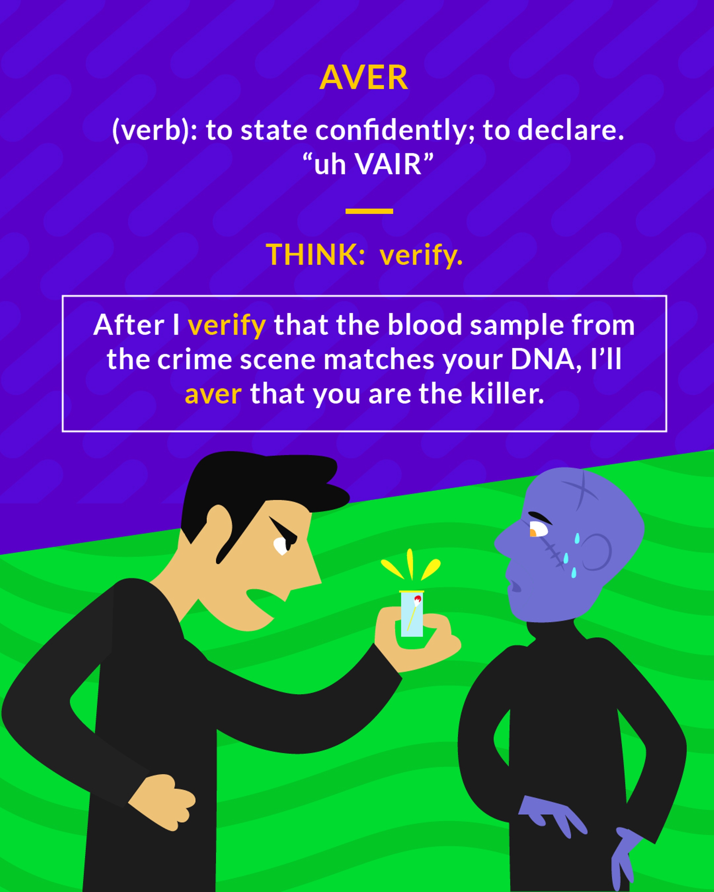 Aver cartoon: a man in black holding up a small vial in front of a worried purple figure