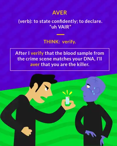 Aver cartoon: a man in black holding up a small vial in front of a worried purple figure
